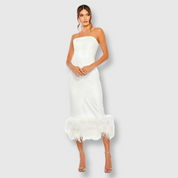 White Strapless Column Dress with Feather Trim 11629