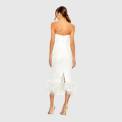 White Strapless Column Dress with Feather Trim 11629