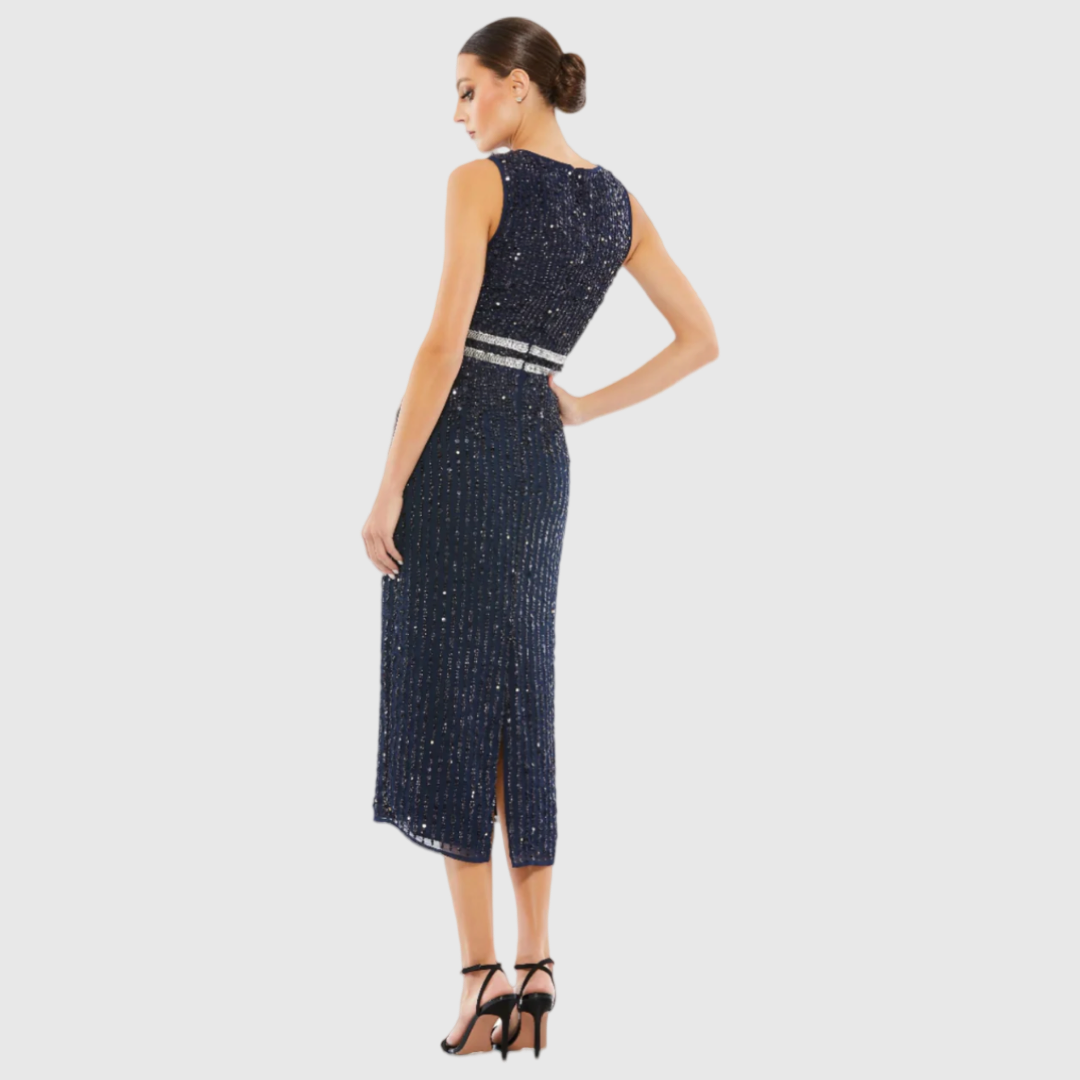 Navy Sleeveless High Neck Beaded Midi Sheath Dress, 10509