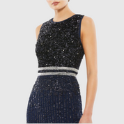 Navy Sleeveless High Neck Beaded Midi Sheath Dress, 10509