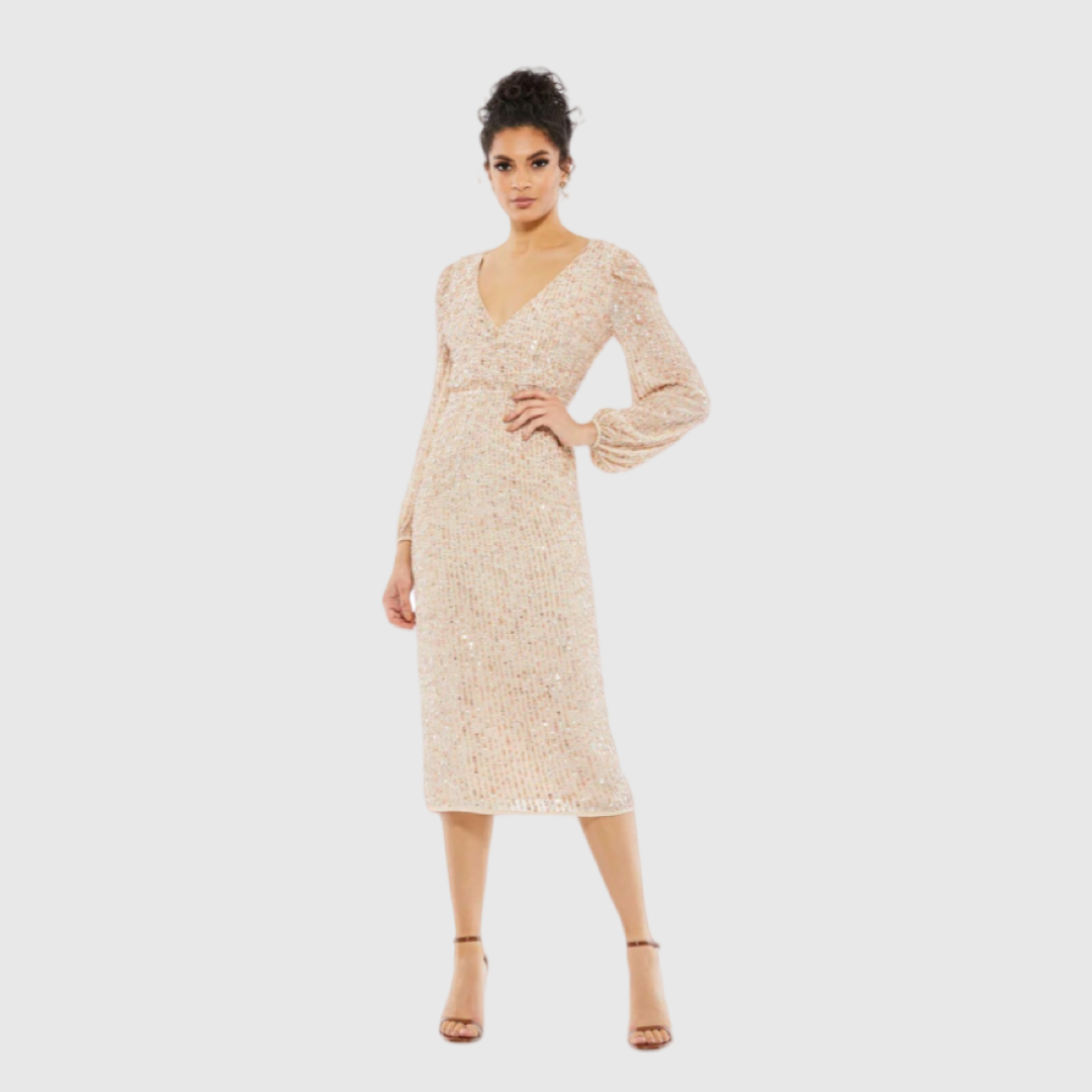 Sequined Illusion Puff Sleeve V Neck Midi Dress, Nude, 107641