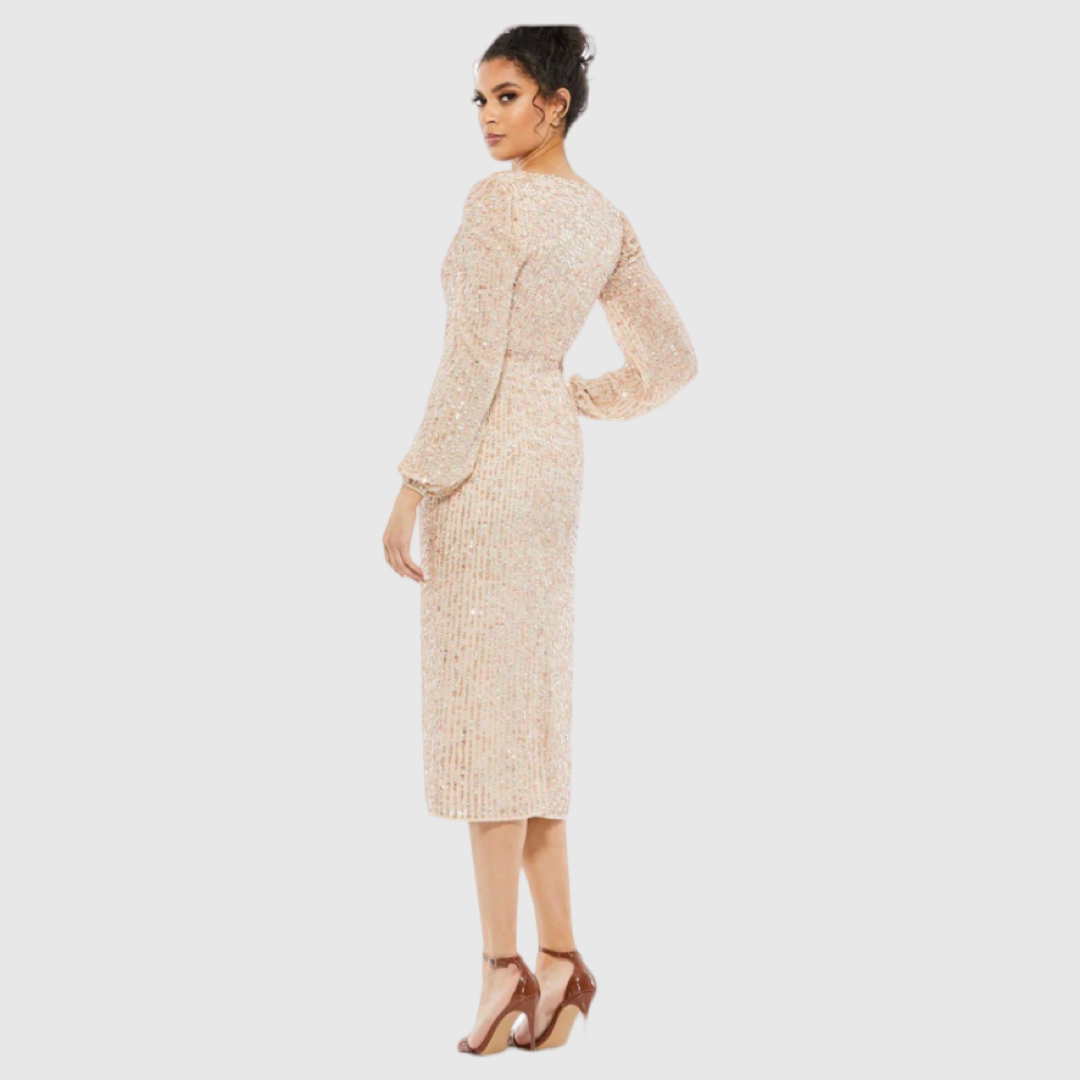 Sequined Illusion Puff Sleeve V Neck Midi Dress, Nude, 107641