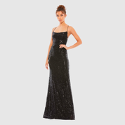 Black Stretch Sequin Lace Up Back Evening Gown, 26269