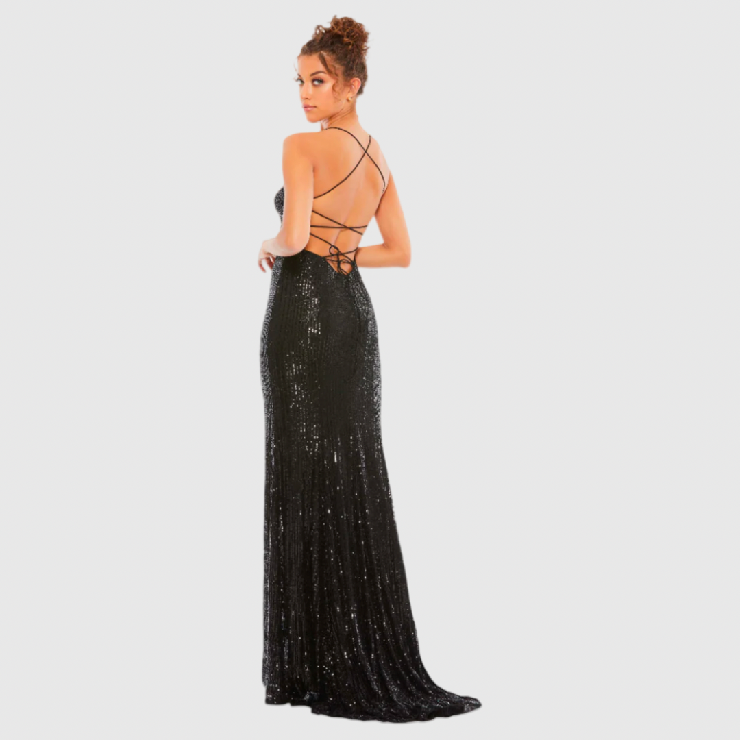 Black Stretch Sequin Lace Up Back Evening Gown, 26269