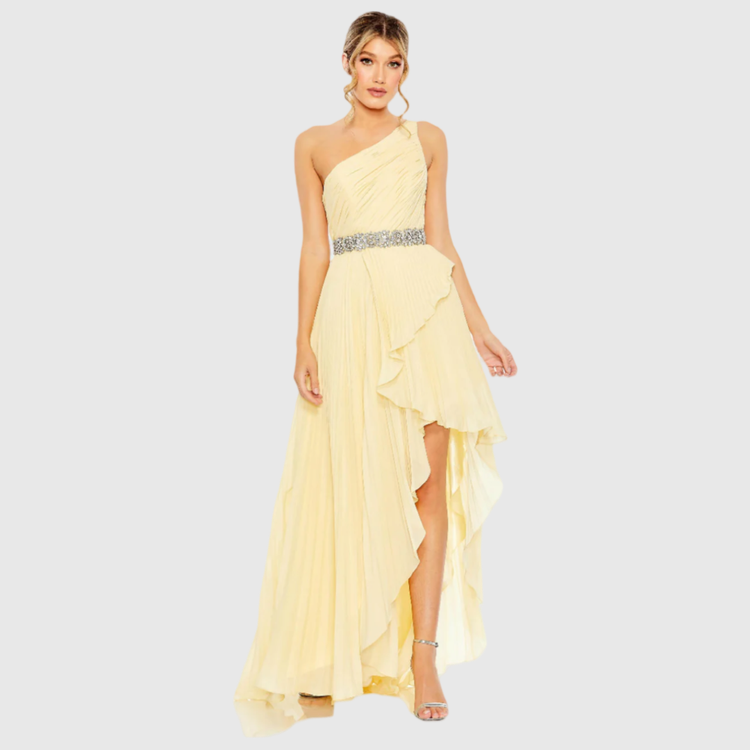 Pleated One Shoulder Asymmetrical Ruffle Hem Gown, 49532