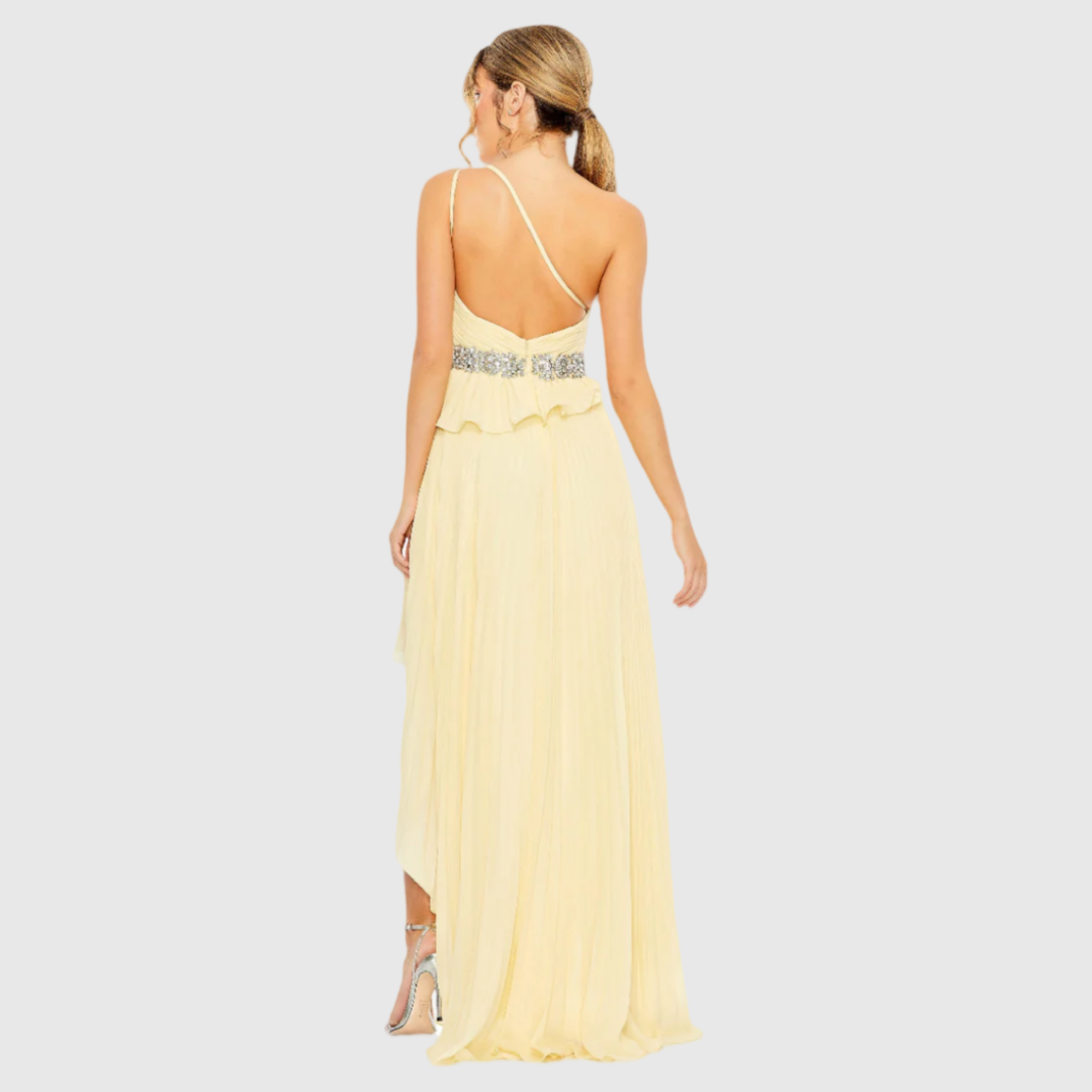 Pleated One Shoulder Asymmetrical Ruffle Hem Gown, 49532