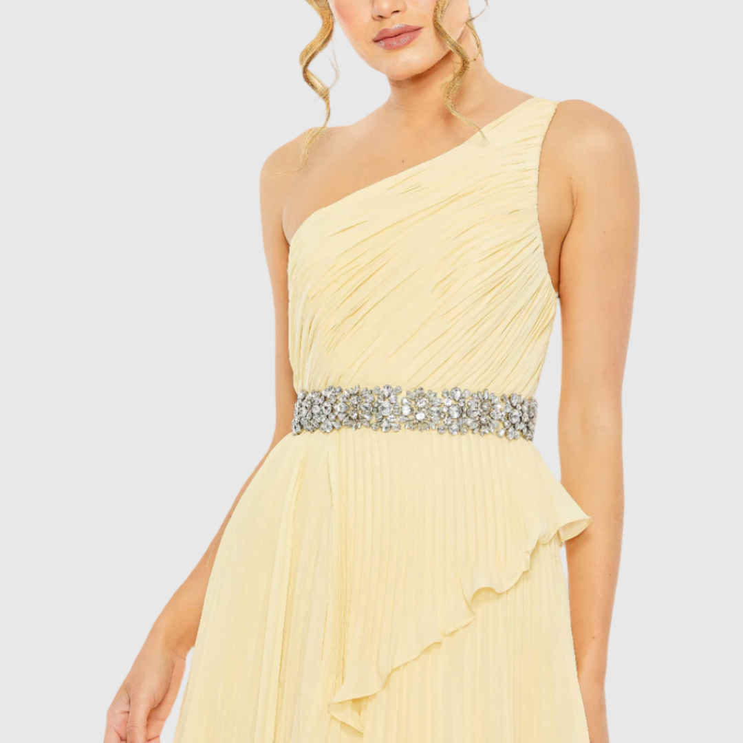 Pleated One Shoulder Asymmetrical Ruffle Hem Gown, 49532