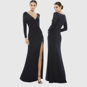 Midnight Navy Faux Wrap Jersey Gown w/ Embellished Accents, 55715