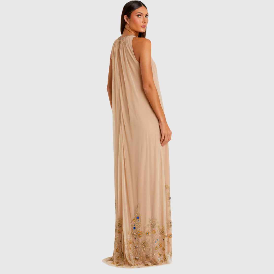 Beige High Neck Floral Embellished Trapeze Gown, 9232