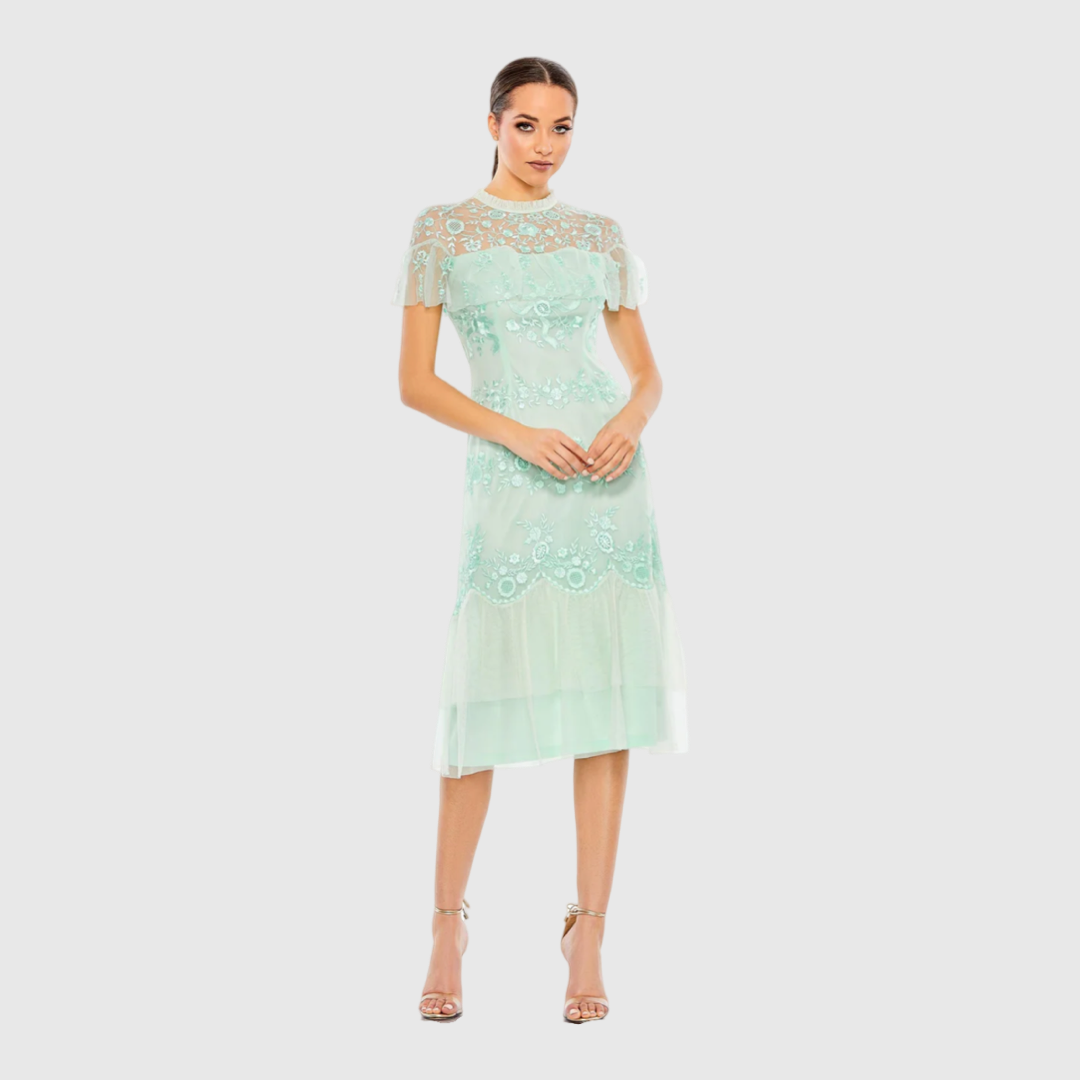 Embroidered Ruffled Cap Sleeve Midi Dress, Mint 35147