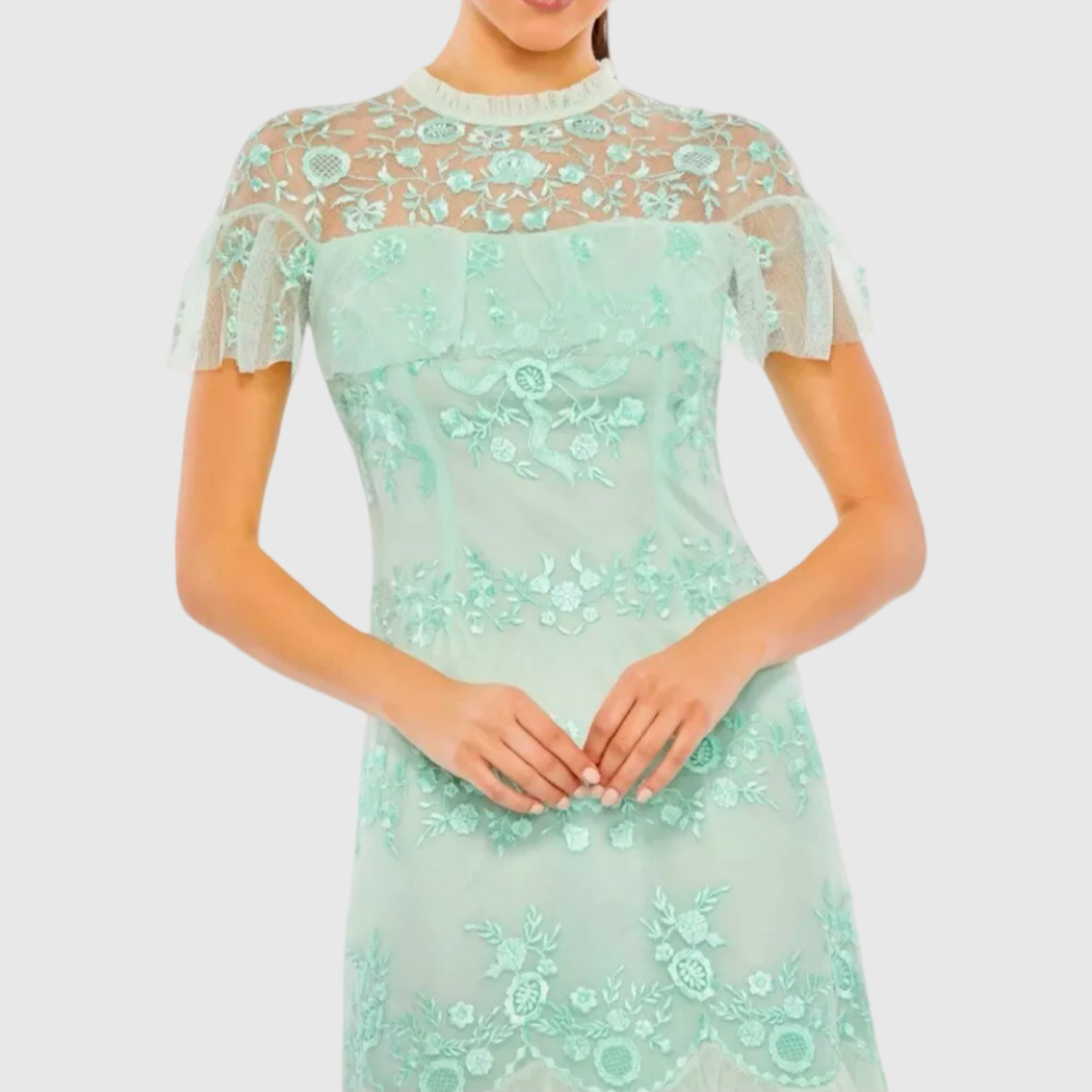 Embroidered Ruffled Cap Sleeve Midi Dress, Mint 35147