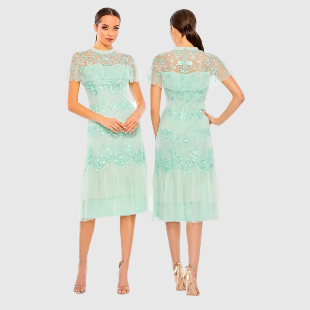 Embroidered Ruffled Cap Sleeve Midi Dress, Mint 35147