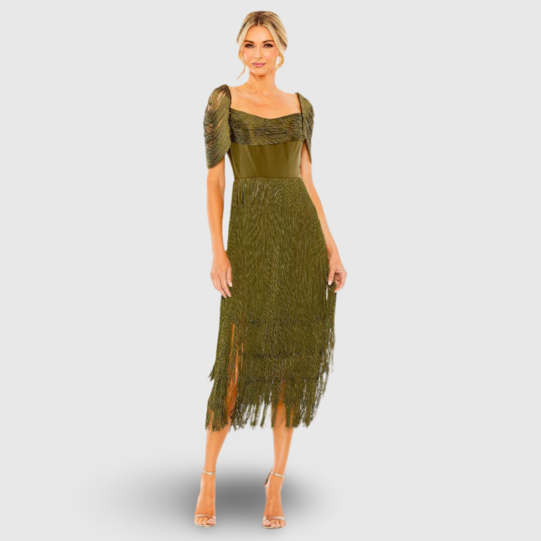 Short Sleeve Fringe Detailed Midi Dress, 20568