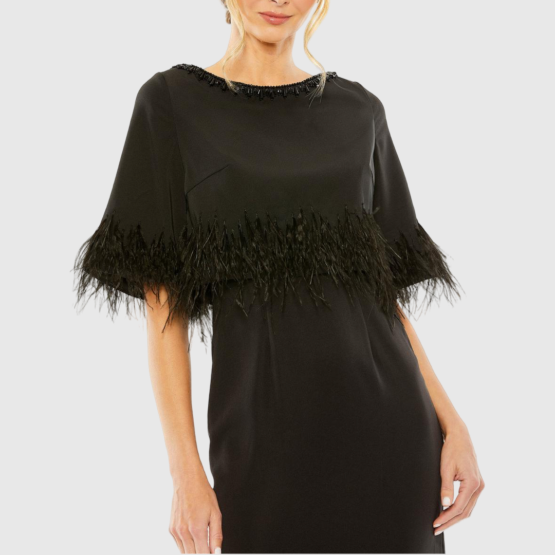 Quarter Sleeve Crystal Neck Feather Detail Dress, 11787