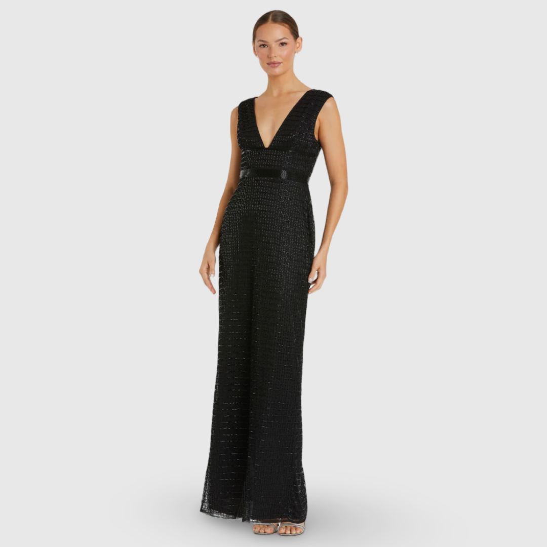 Black Beaded Cap Sleeve V Neck Column Gown 5625