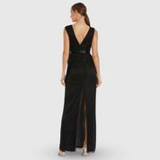 Black Beaded Cap Sleeve V Neck Column Gown 5625