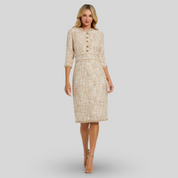 Beige 3/4 Sleeve Beaded Trim Patch Pocket Tweed Midi Dress, 20809