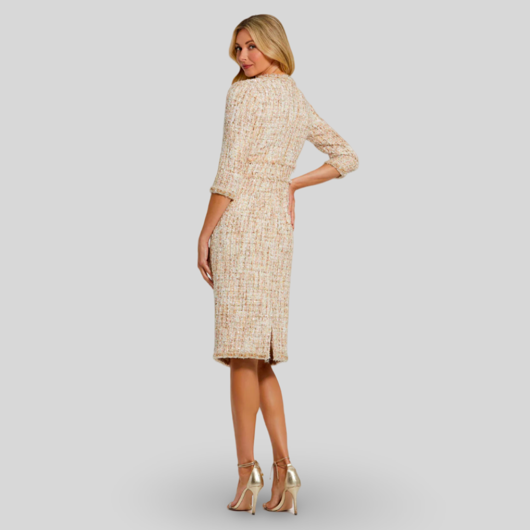 Beige 3/4 Sleeve Beaded Trim Patch Pocket Tweed Midi Dress, 20809