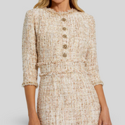 Beige 3/4 Sleeve Beaded Trim Patch Pocket Tweed Midi Dress, 20809