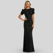 Black Gathered Short Sleeve Beaded Gown, 24003