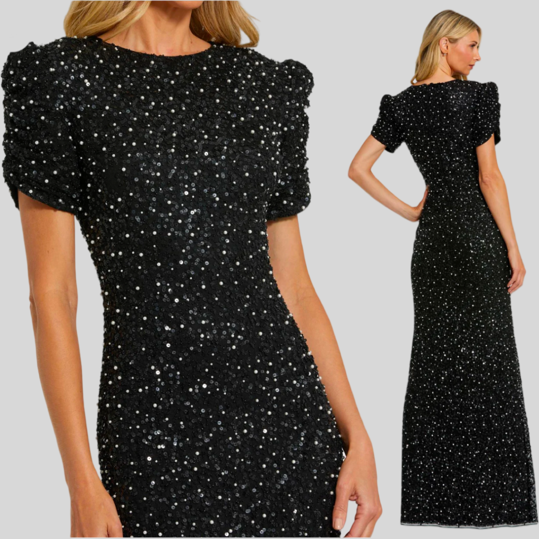 Black Gathered Short Sleeve Beaded Gown, 24003