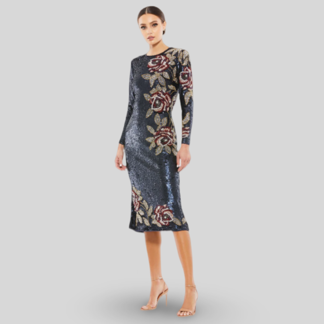 Navy Sequined Asymmetrical Floral Long Sleeve Midi Dress, 93624