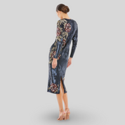 Navy Sequined Asymmetrical Floral Long Sleeve Midi Dress, 93624