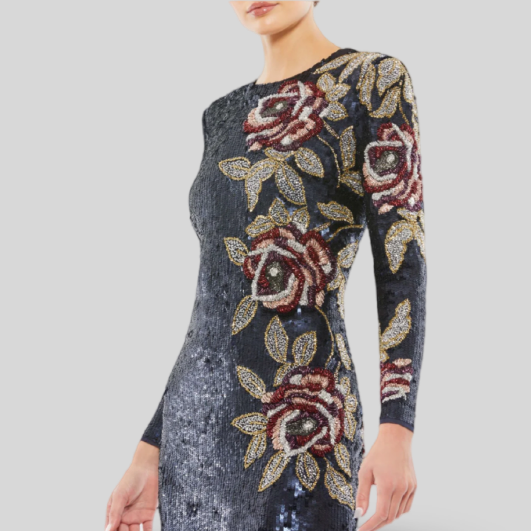 Navy Sequined Asymmetrical Floral Long Sleeve Midi Dress, 93624