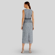 Gray Sleeveless High Neck Beaded Midi Sheath Dress, Platinum, A10509