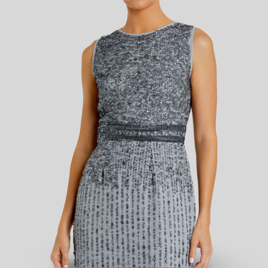 Gray Sleeveless High Neck Beaded Midi Sheath Dress, Platinum, A10509