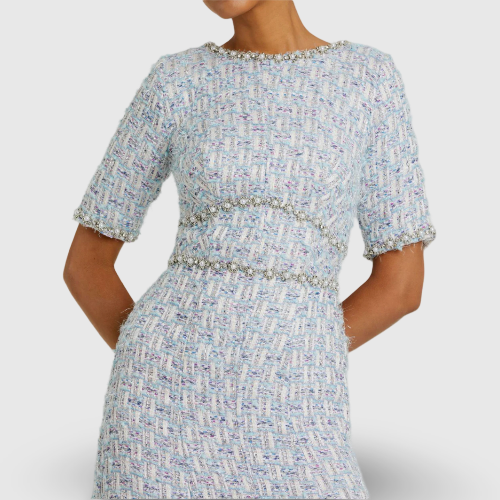 Blue Short Sleeve Beaded Trim Boucle Midi Dress, 20806