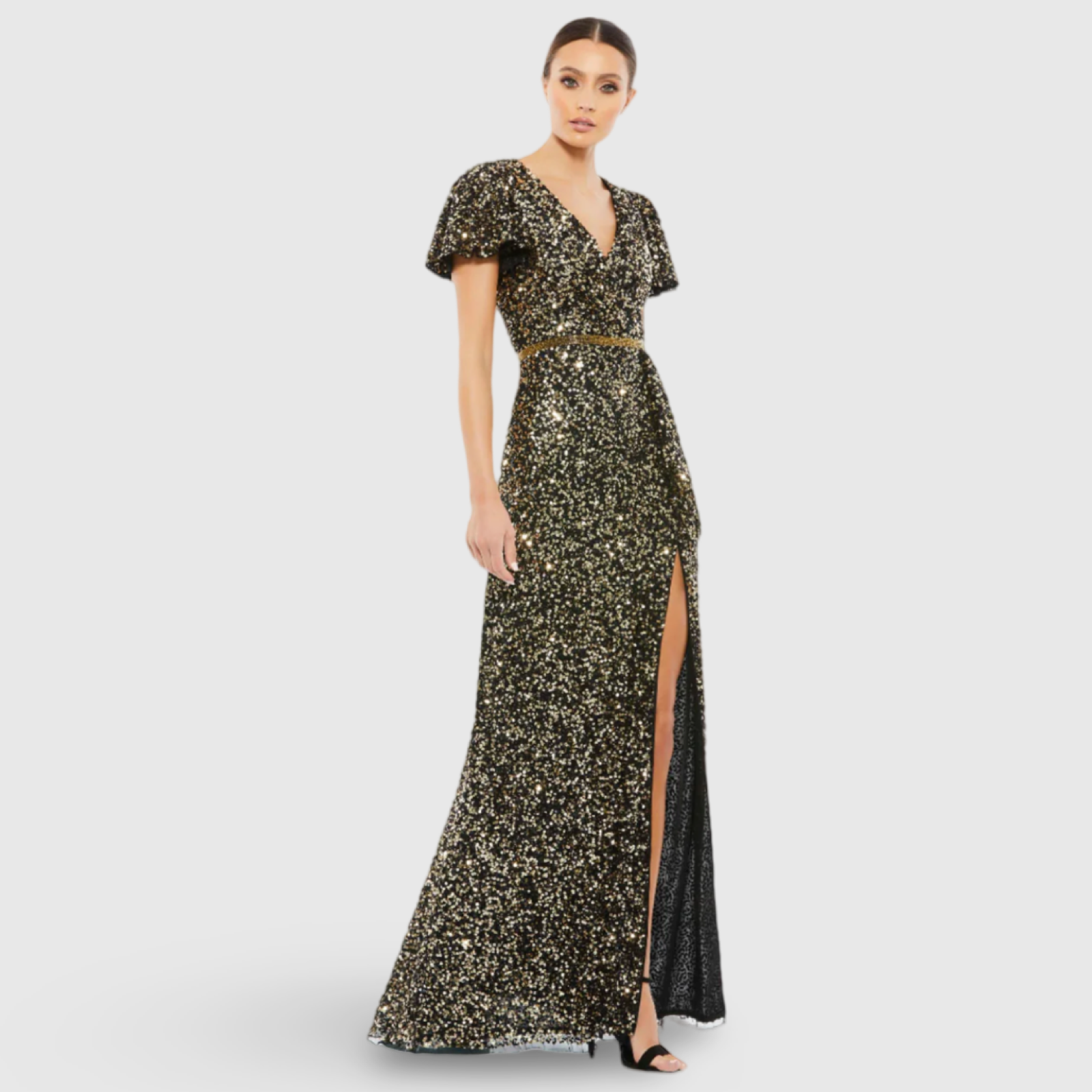 Black and Gold Sequined Wrap Over Butterfly Sleeve Draped Gown 5540