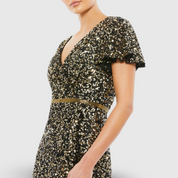 Black and Gold Sequined Wrap Over Butterfly Sleeve Draped Gown 5540