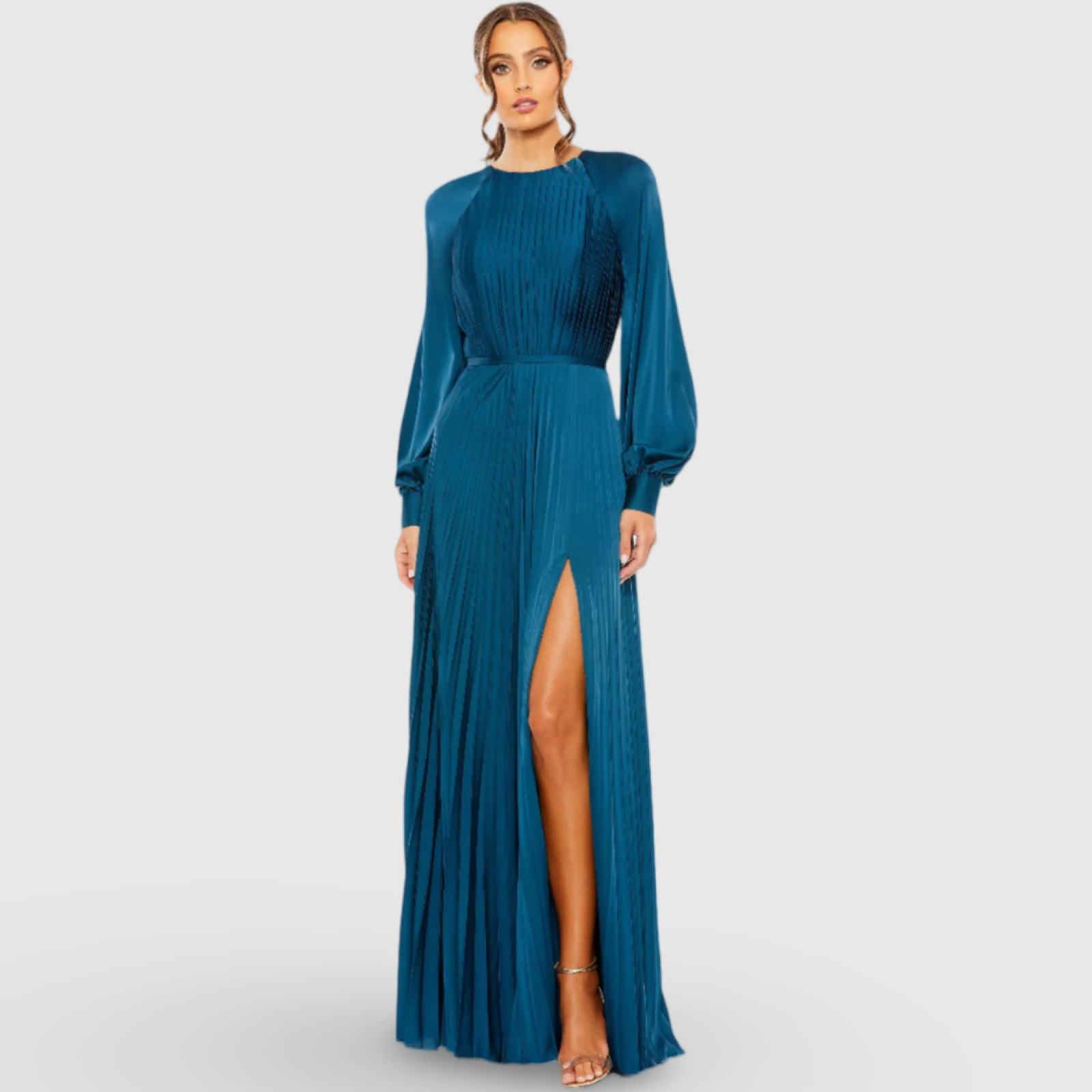 Blue Pleated High Neck Raglan Long Sleeve Side Slit Gown 26590