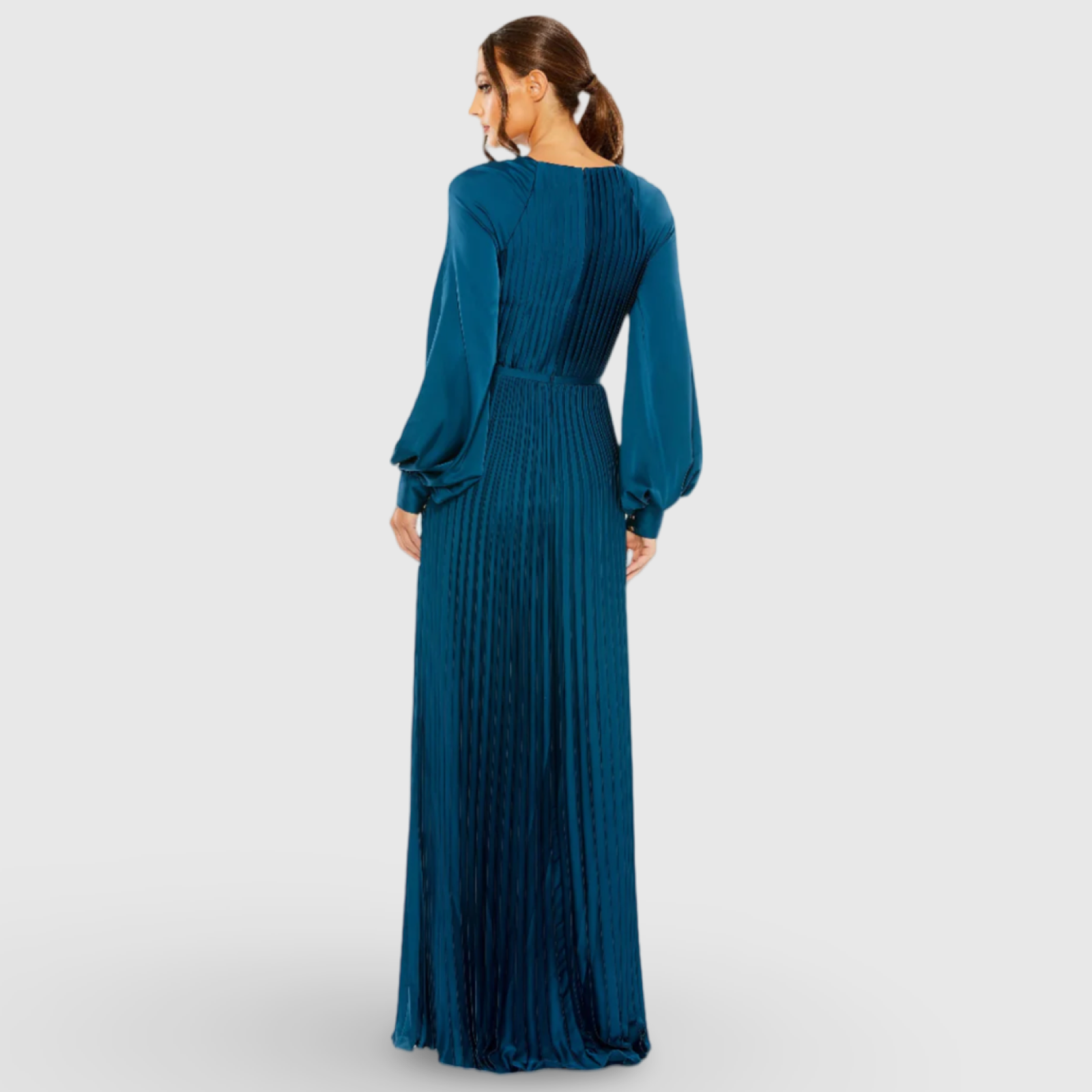 Blue Pleated High Neck Raglan Long Sleeve Side Slit Gown 26590