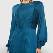 Blue Pleated High Neck Raglan Long Sleeve Side Slit Gown 26590