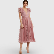 Pink Pleated Chiffon V Neck Ruffle Midi Dress 49675