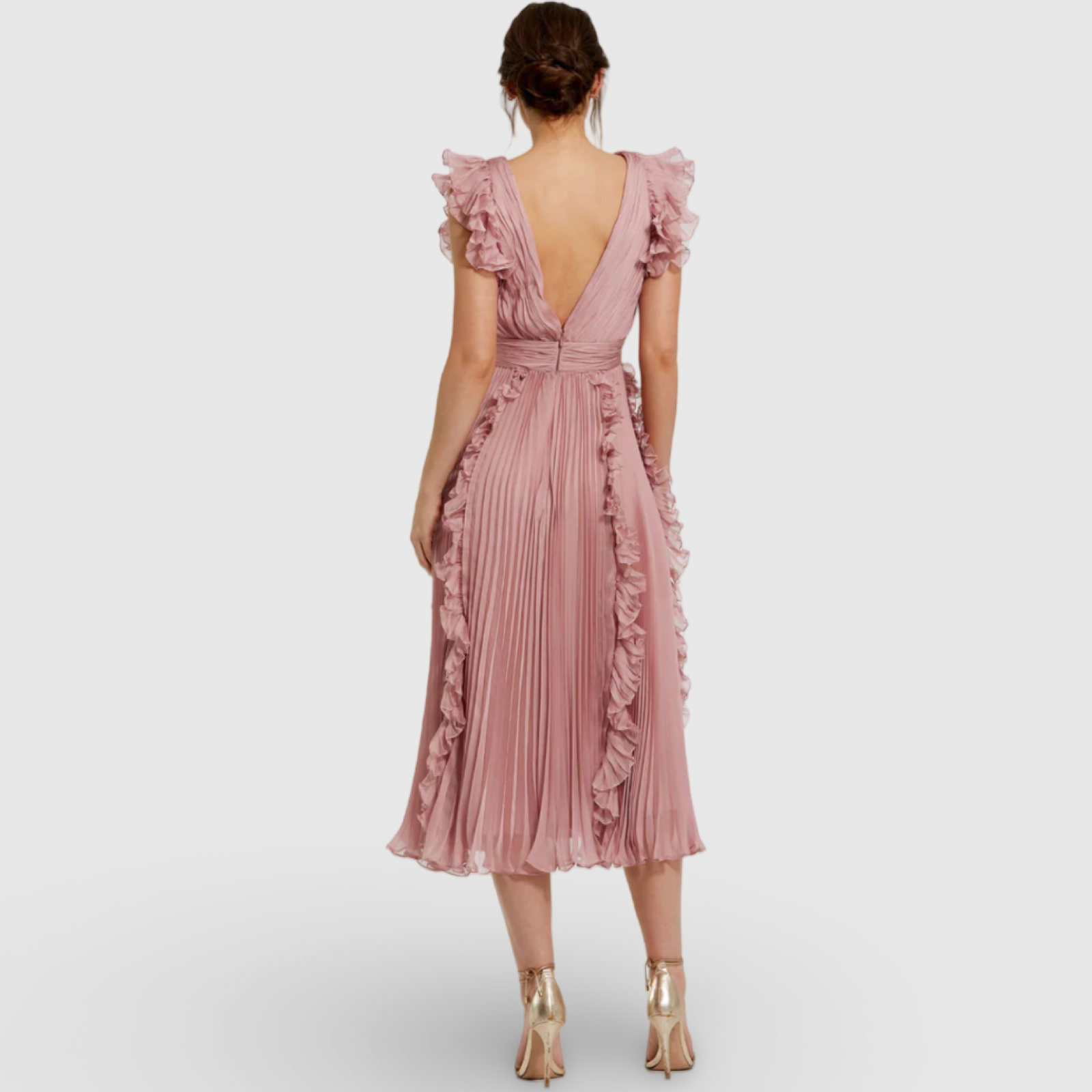 Pink Pleated Chiffon V Neck Ruffle Midi Dress 49675