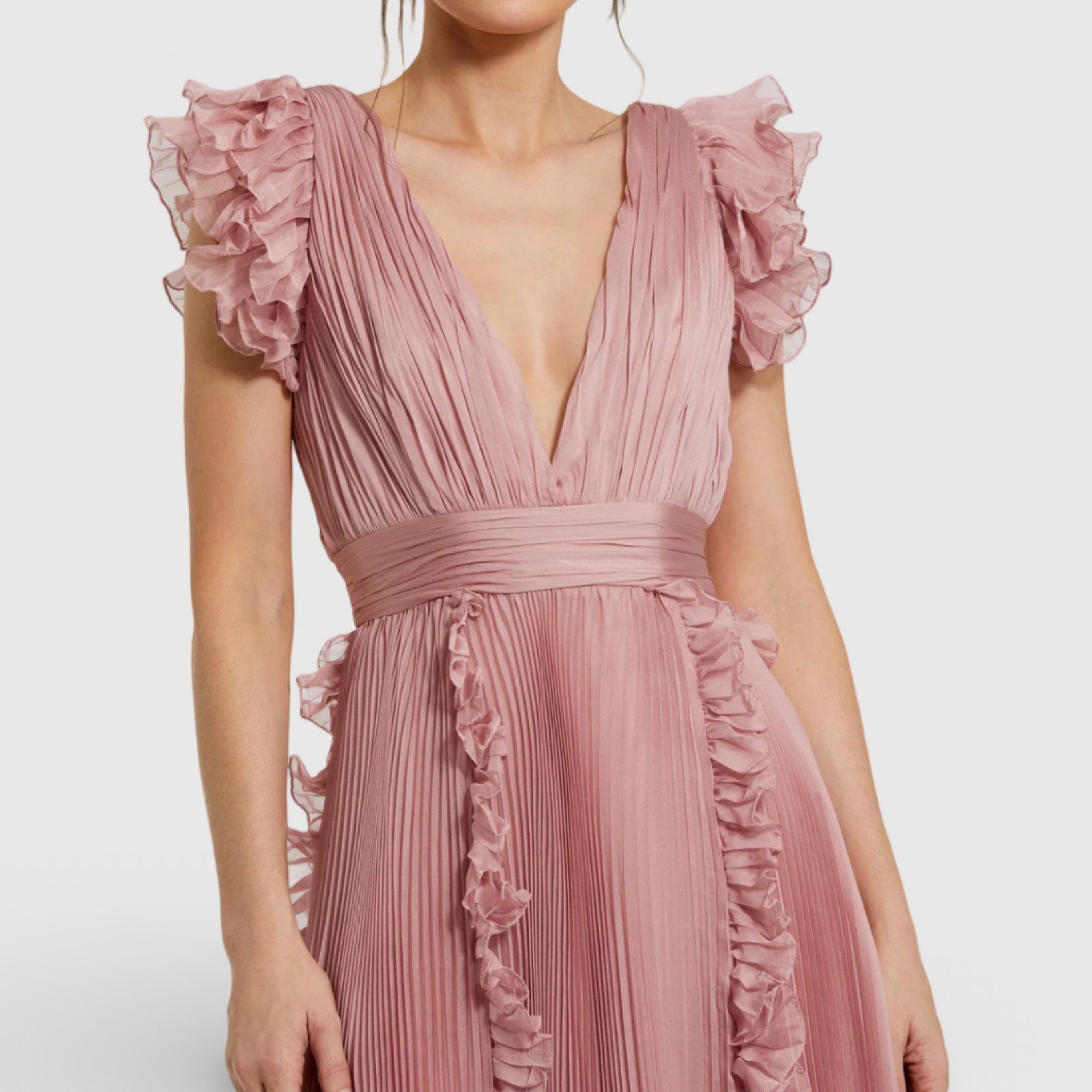 Pink Pleated Chiffon V Neck Ruffle Midi Dress 49675