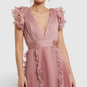 Pink Pleated Chiffon V Neck Ruffle Midi Dress 49675