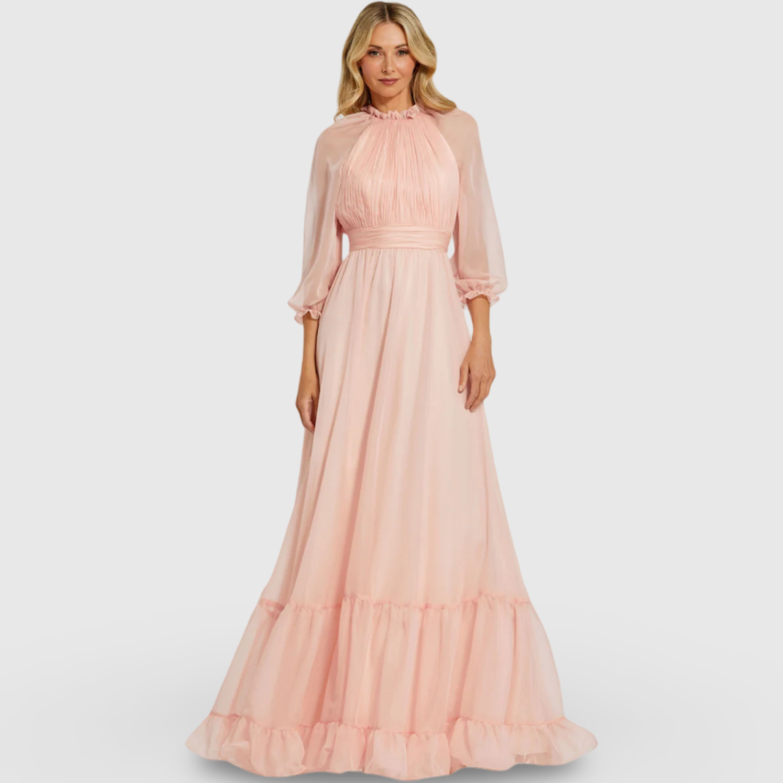 Pink Chiffon Ruched Illusion Raglan Sleeve Ruffled Gown 68225