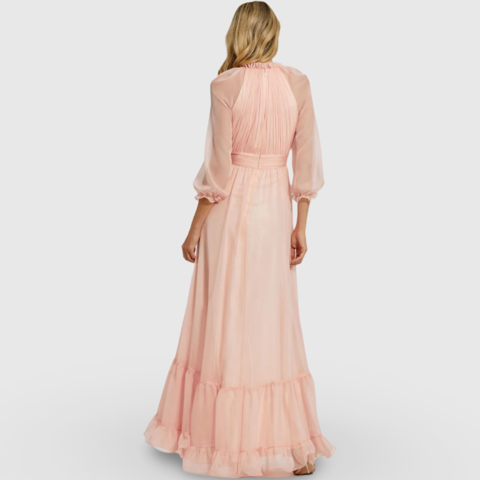 Pink Chiffon Ruched Illusion Raglan Sleeve Ruffled Gown 68225