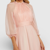 Pink Chiffon Ruched Illusion Raglan Sleeve Ruffled Gown 68225