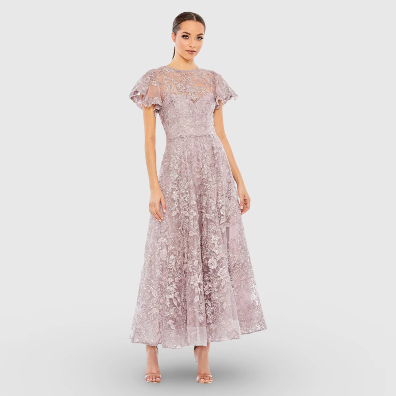 Light Purple Embroidered High Neck Cap Sleeve A Line Dress 50665