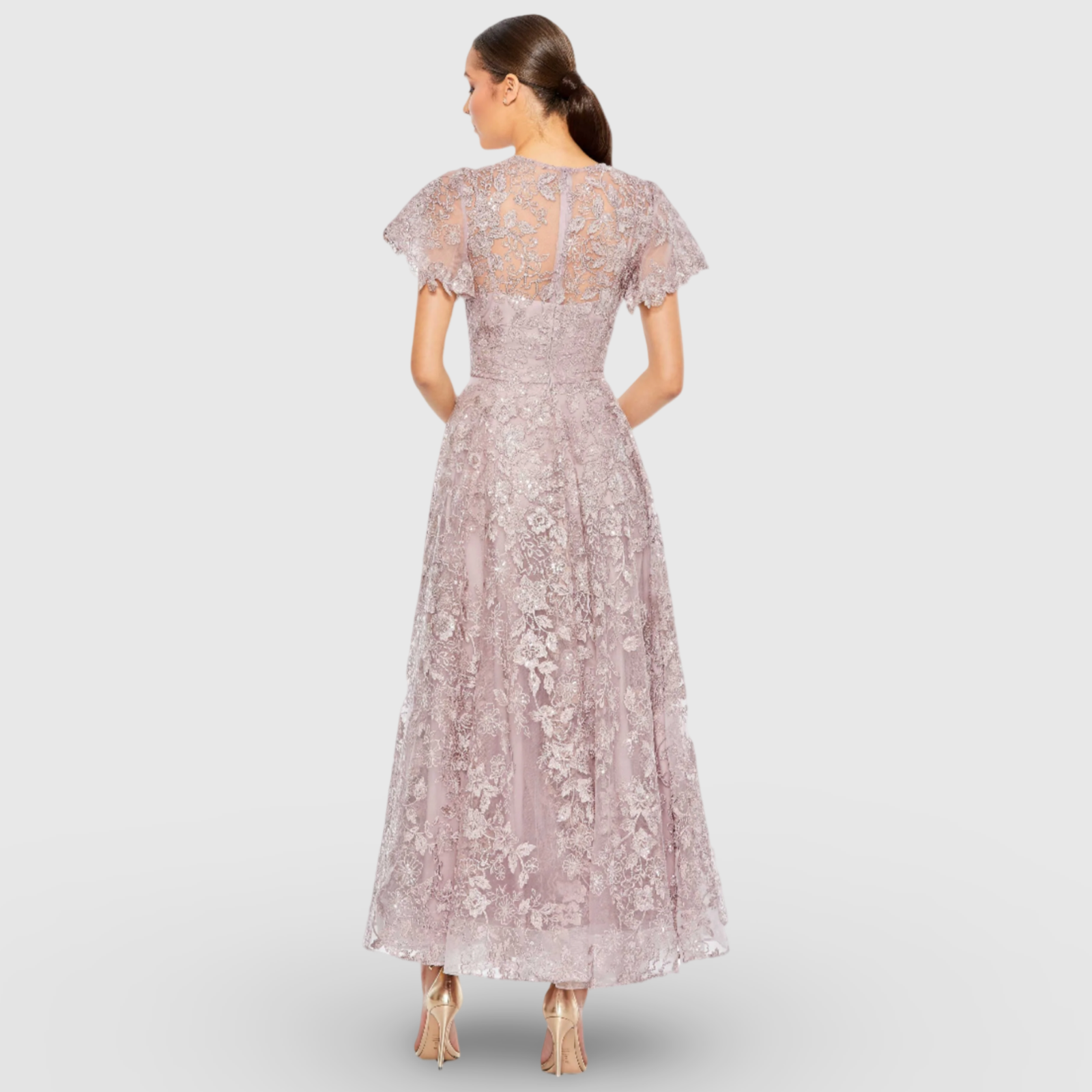 Light Purple Embroidered High Neck Cap Sleeve A Line Dress 50665