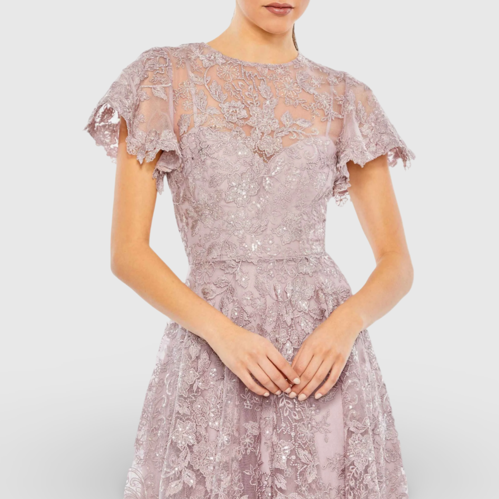 Light Purple Embroidered High Neck Cap Sleeve A Line Dress 50665