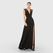 Black Beaded Cap Sleeve V Neck A Line Gown 26540