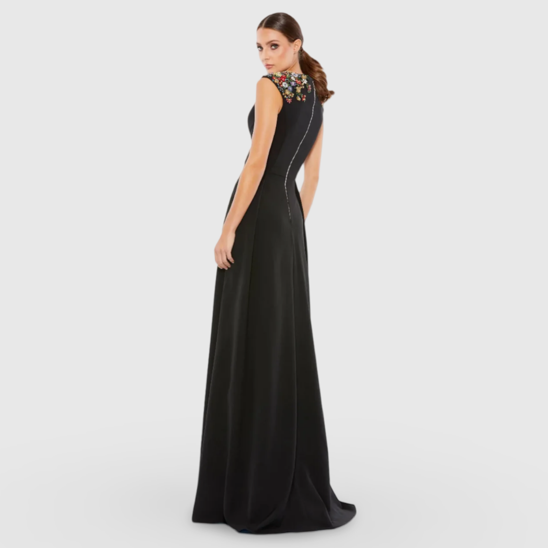 Black Beaded Cap Sleeve V Neck A Line Gown 26540