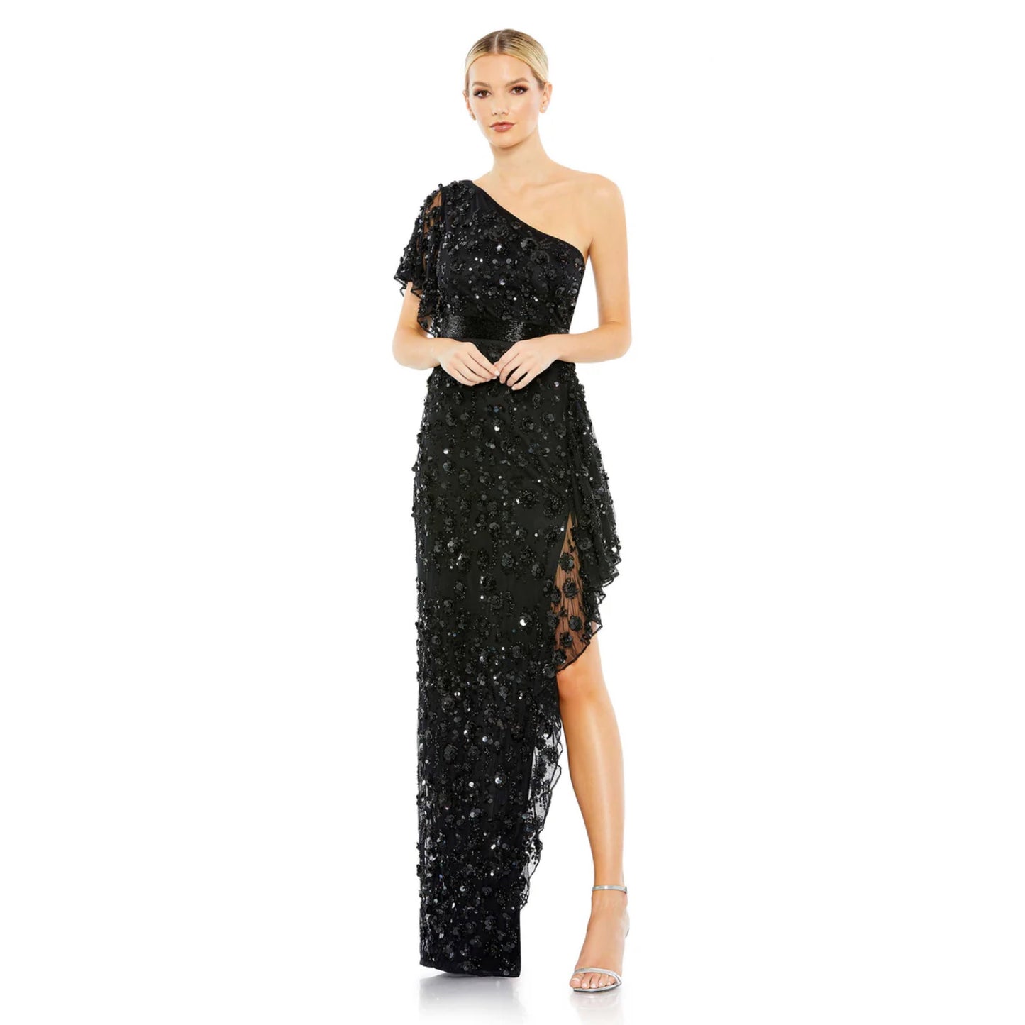 One Shoulder Beaded Embellished Gown with Asymmetrical Hem, 93687