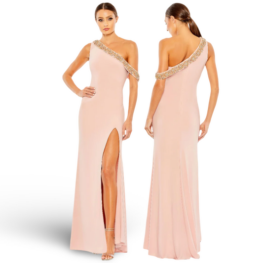 Pink Slit Asymmetric Beaded Neckline Dress, 68163